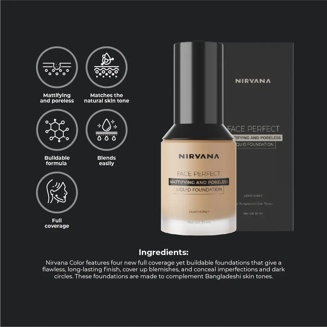 Nirvana Color Face Perfect Liquid Foundation- Light Honey F04 (30ml)